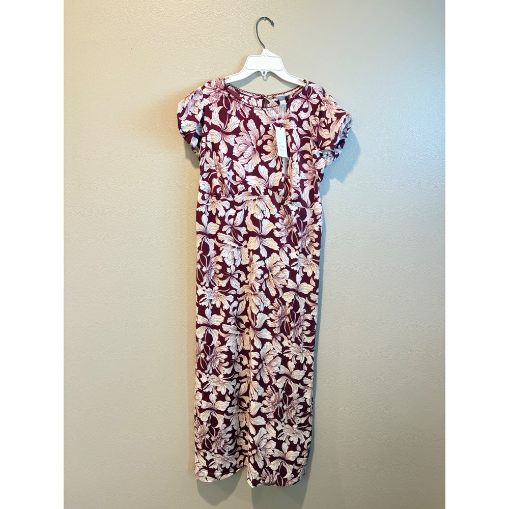 A New Day Burgundy Floral Midi Dress Short Sleeve Crochet Trim Large NWT